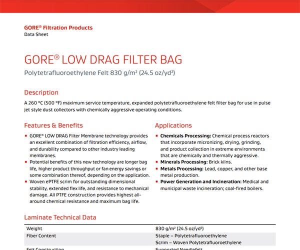 GORE® LOW DRAG FILTER BAG Polytetrafluoroethylene Felt 830 g/m² (24.5 oz/yd²) 