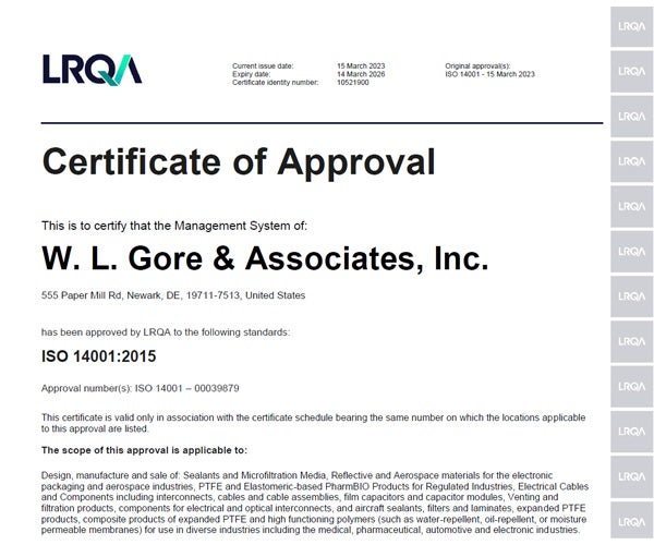 A primeira página do certificado ISO14001.