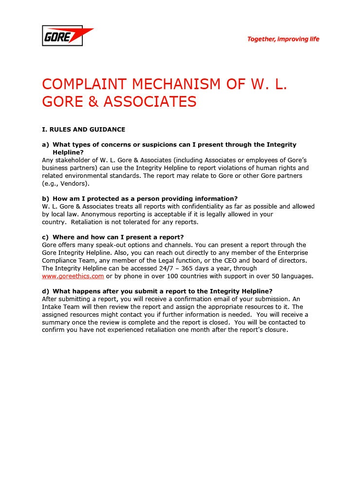 W. L. Gore & Associates Complaint Mechanism